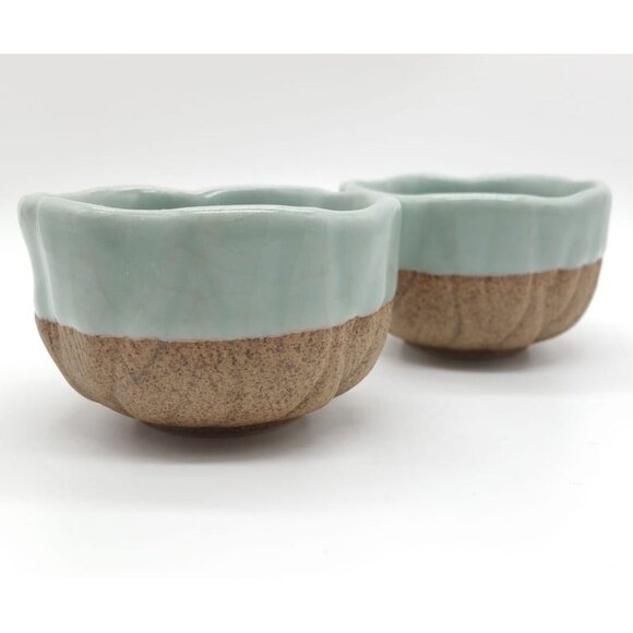 2 Small Celadon Flower Bloom Two-Tone Ceramic Bowls